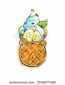 Asian food with cute decor for restaurants and cafes. Delicious recipes and serving. Fashionable snacks or desserts from a set of vector cliparts with recipes.