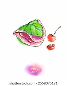 Asian food with cute decor for restaurants and cafes. Delicious recipes and serving. Fashionable snacks or desserts from a set of vector cliparts with recipes.
