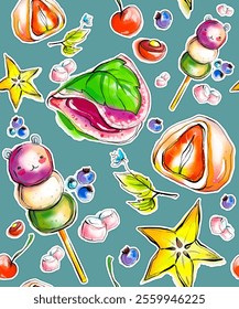 Asian food with cute decor for restaurants and cafes. Seamless background or pattern with trendy snacks or desserts from a set of vector cliparts with recipes.