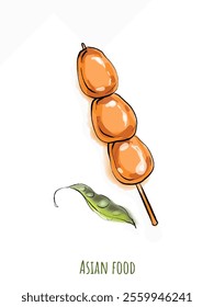Asian food with cute decor for restaurants and cafes. Delicious recipes and serving. Fashionable snacks or desserts from a set of vector cliparts with recipes.