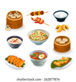 Asian food decorative icons set with fortune cookies isolated vector illustration