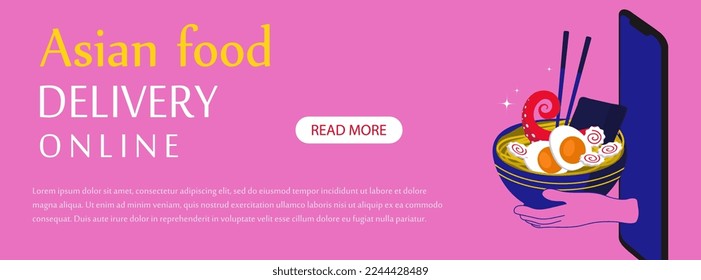 Asian food delivery with bowl of ramen noodles vector illustration. Horizontal background template with traditional asian food with eggs, nori, narutomaki and octopus tentacle