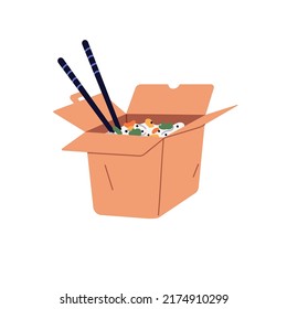 Comida asiática en caja de entrega con palillos. Comida china para llevar con fideos de arroz y verduras. Trabajo abierto, plato japonés. Paquete para llevar. Ilustración vectorial plana aislada en fondo blanco