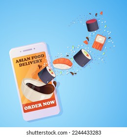 Asian food delivery concept.Sushi popping out from smartphone. Vector illustration in cartoon style.