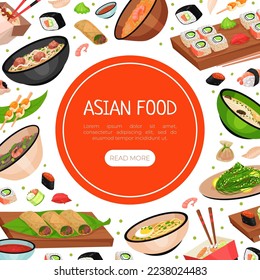 Asian Food Design with Noodles, Soup Bowl and Sushi Vector Template