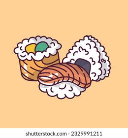 asian food different types of rolls in cartoon style