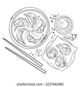 Comida asiática Dim Sum y Gyoza en vapor de bambú con palillos de plástico gráfico vectorial ilustración Vista superior Comida tradicional china.Dibujo de enseres asiáticos dibujado a mano