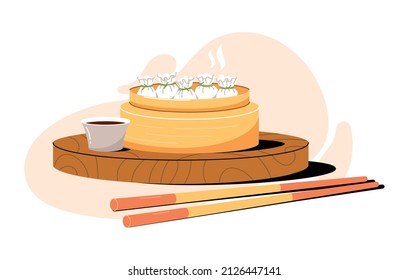 Asian food - dim sum in Steamer, chopsticks and sauce. Chinese wontons, traditional kitchen. Vector trendy illustration