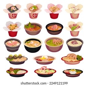 Asian Food and Dish Served in Carton Box and Bowl with Noodles and Seafood Big Vector Set