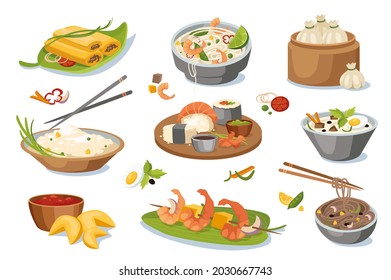 Asian food dishes design elements set. Collection of spring rolls, shrimp noodles, rice with chopsticks, sushi, ramen, fortune cookies. Vector illustration isolated objects in flat cartoon style
