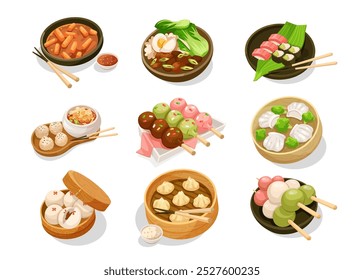 Asian food dishes on white background. Vector illustration