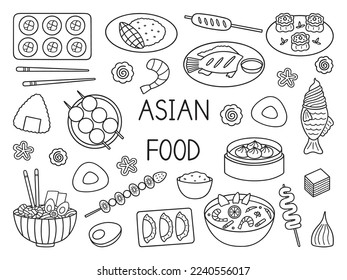 Juego de doodles de comida asiática. Cocina asiática en forma de boceto. Ilustración vectorial dibujada a mano aislada en fondo blanco