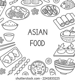 Asian food doodle set. Asian cuisine in sketch style. Hand drawn vector illustration isolated on white background