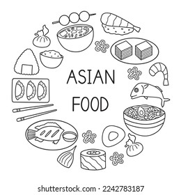 Asian food doodle set. Asian cuisine in sketch style. Hand drawn vector illustration isolated on white background