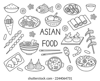 Juego de doodles de comida asiática. Cocina asiática en forma de boceto. Ilustración vectorial dibujada a mano aislada en fondo blanco