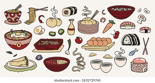 Asian food doodles and freehand colorful drawings, graphic art dishes and soup bowls, sushi and baked buns and dumplings. Stickers, design decorations, restaurant menu's art. Vector illustration.