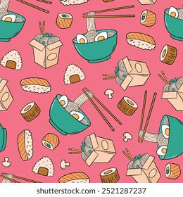 Patrón sin fisuras de garabatos de comida asiática con suchi, ramen y tazones de fideos para Fondo de pantalla, scrapbooking, fondos, impresión textil, embalaje, etc. EPS 10