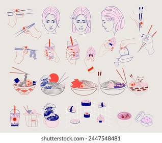 Asian food and drink collection, wok, ramen, noodle soup, sushi, onigiri, dimsum, bubble tea, matcha tea. Beautiful asian girls face. Oriental sketch. Editable vector illustration.