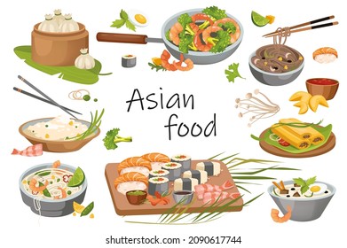 Asian food elements isolated set. Bundle of dumplings, noodles, rice, ramen soup, sushi, shrimps, cookies and other traditional dishes and street food menu. Vector illustration in flat cartoon design