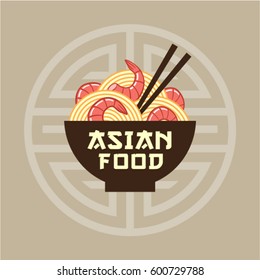 Asian food emblem. Oriental cuisine logo. A bowl with noodles with shrimps and chopsticks.