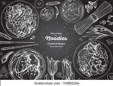 Asian food engraved sketch. Noodle dishes top view frame. Food menu design with cooked noodles . Vintage hand drawn sketch vector illustration. Asian cuisine menu background. 