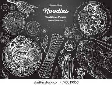 Asian food engraved sketch. Noodle dishes top view frame. Food menu design with cooked noodles . Vintage hand drawn sketch vector illustration. Asian cuisine menu background.