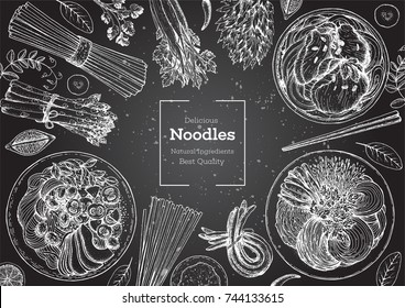 Asian food engraved sketch. Noodle dishes top view frame. Food menu design with cooked noodles . Vintage hand drawn sketch vector illustration. Asian cuisine menu background.