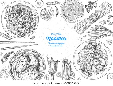 Asian food engraved sketch. Noodle dishes top view frame. Food menu design with cooked noodles . Vintage hand drawn sketch vector illustration. Asian cuisine menu background.