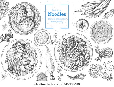 Asian food engraved sketch. Noodle dishes top view frame. Food menu design with cooked noodles . Vintage hand drawn sketch vector illustration. Asian cuisine menu background.