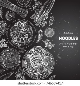 Asian food engraved sketch. Noodle dishes top view. Food menu design with cooked noodles . Vintage hand drawn sketch vector illustration. Asian cuisine menu background.