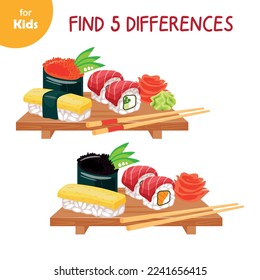 Asian food. Find 5 differences. Mini game for children. Japanese traditional food. Sushi set