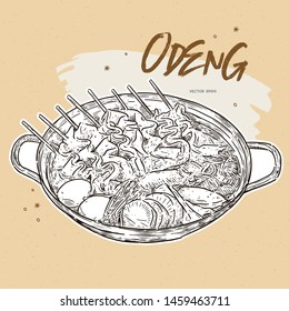 Asian Food Fish Cake. Illustration Korean Food, Odeng. Odeng Korean Street Food. Hand Draw Sketch Vector.