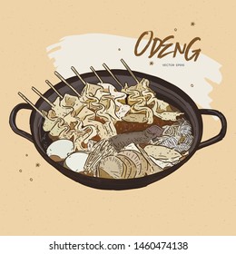 Asian Food Fish Cake. Illustration Korean Food, Odeng. Odeng Korean Street Food. Hand Draw Sketch Vector.