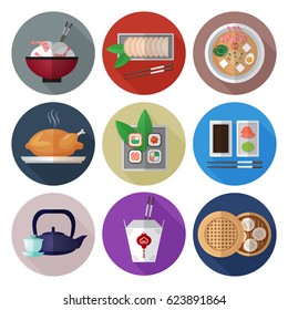 Asian food flat icons with shadows and colorful circles isolated on white background. RGB EPS 10 vector illustration