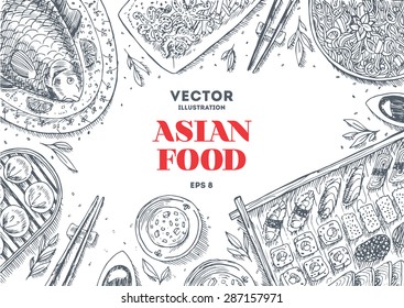 Asian Food Frame  Linear graphic  Vector illustration