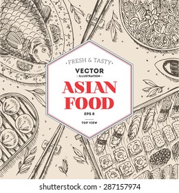 Asian Food Frame. Linear graphic. Vector illustration