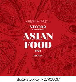 Asian Food Frame. Linear graphic. Vector illustration