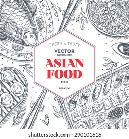 Asian Food Frame. Linear graphic. Vector illustration