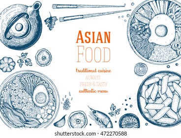 Asian Food Frame. Linear graphic. Vector illustration