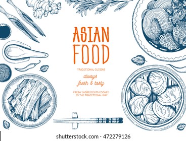 Asian food frame. Linear graphic. Vector illustration