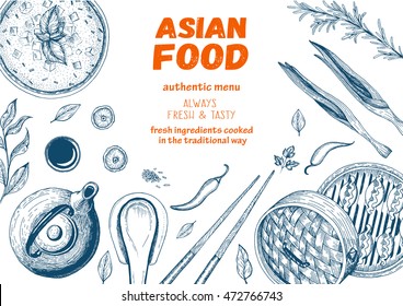 Asian food frame. Linear graphic. Vector illustration