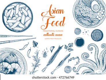 Asian Food Frame. Linear Graphic. Vector Illustration