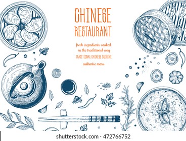 Asian food frame  Linear graphic  Vector illustration