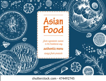 Asian Food Frame. Linear graphic. Vector illustration