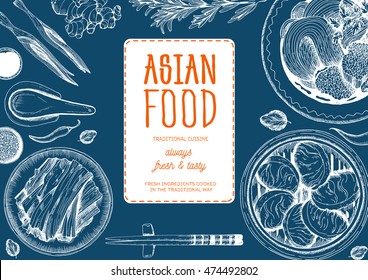 Asian Food Frame. Linear graphic. Vector illustration