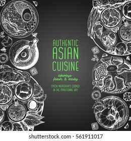 Asian food frame. Menu design template with ramen, odori-don , shrimps and thai set. Vector illustration.