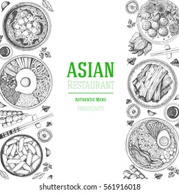 Asian food frame. Menu design template with bibimbap, miso soup, kimchi and tteokbokki. Vector illustration