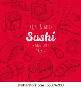Asian Food Frame. Sushi.  Sketch style. Vector hand drawn illustration
