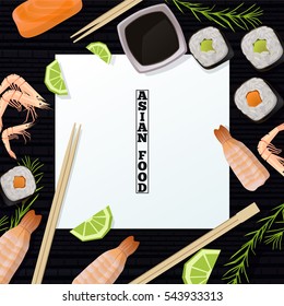 Asian Food Frame. Traditional national dishes on a mat background. Vector illustration. Template of Banner, menu or flyer. 