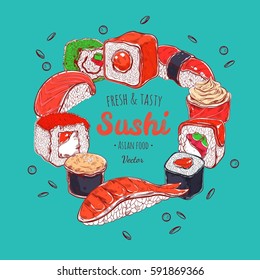 Asian food frame. Vector hand drawn colored  illustration. Sushi. Japan cuisine